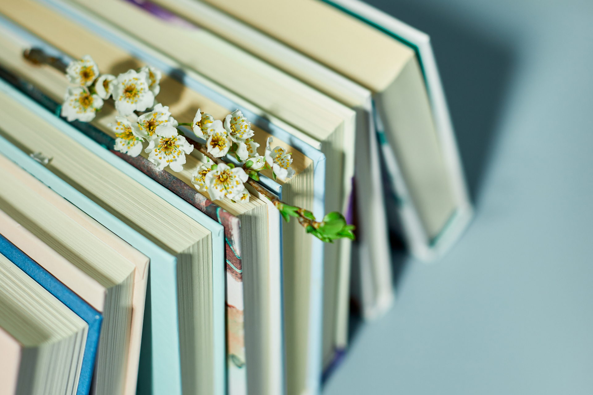 A stack of books with white blossoms resting on top