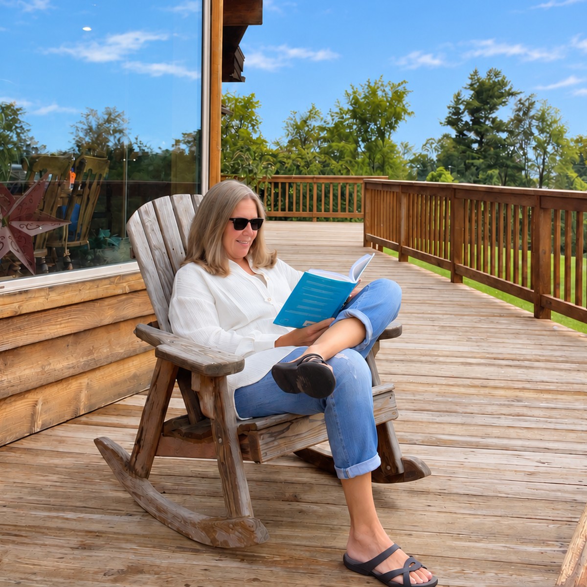 Allison Higgins reading a book in a rocking chair on her deck